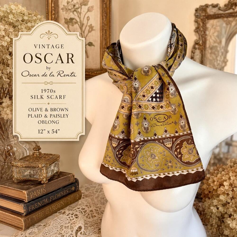 Vintage 1970s Oscar de la Renta Silk Scarf: Olive Brown Plaid Paisley 12x54